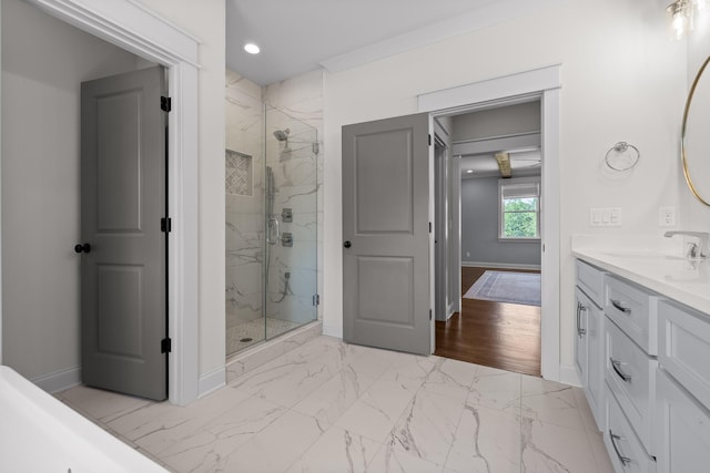 1784 River Breeze Dr, Soddy Daisy, TN 37379 - full bath featuring a marble finish shower, marble look tile flooring, vanity, and recessed lighting