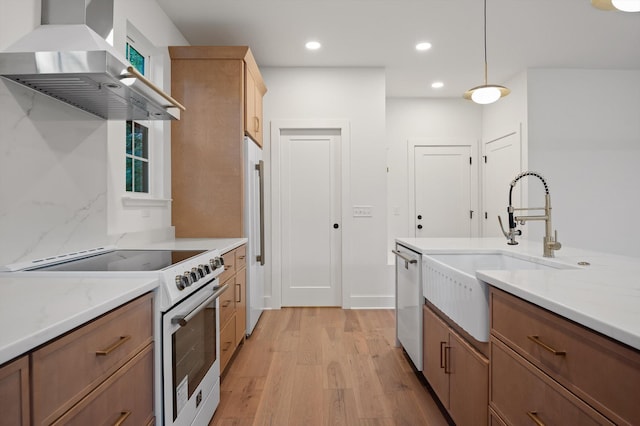 4206 Oakland Ter N, Red Bank, TN 37415 - kitchen with electric range, exhaust hood, light wood-type flooring, dishwasher, and hanging light fixtures