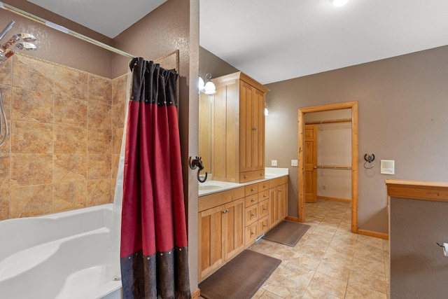 210 Gordon Dr, Chatsworth, GA 30705 - bathroom featuring double vanity, shower / bath combo, and tile patterned flooring