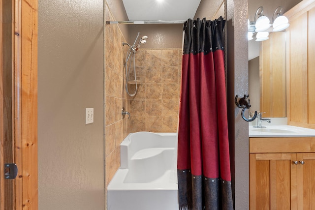 210 Gordon Dr, Chatsworth, GA 30705 - bathroom with vanity, shower / tub combo, and a textured wall