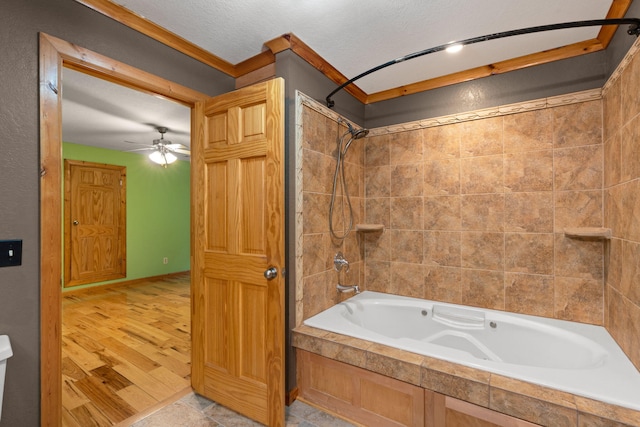 210 Gordon Dr, Chatsworth, GA 30705 - full bath featuring tiled shower / bath combo, ceiling fan, ornamental molding, and a textured ceiling