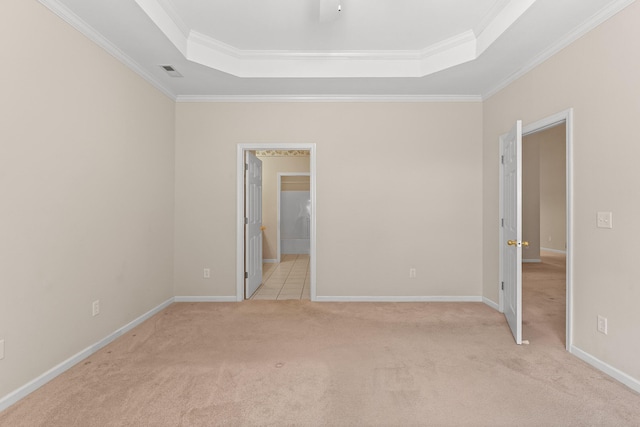 6276 Amber Brook Dr, Hixson, TN 37343 - unfurnished bedroom featuring a raised ceiling, light carpet, ornamental molding, and ensuite bathroom