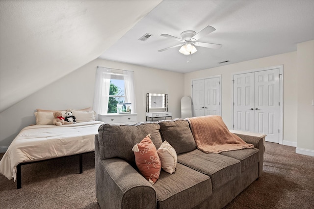 7470 Jester Ct, Ooltewah, TN 37363 - bedroom with carpet, multiple closets, a ceiling fan, and lofted ceiling