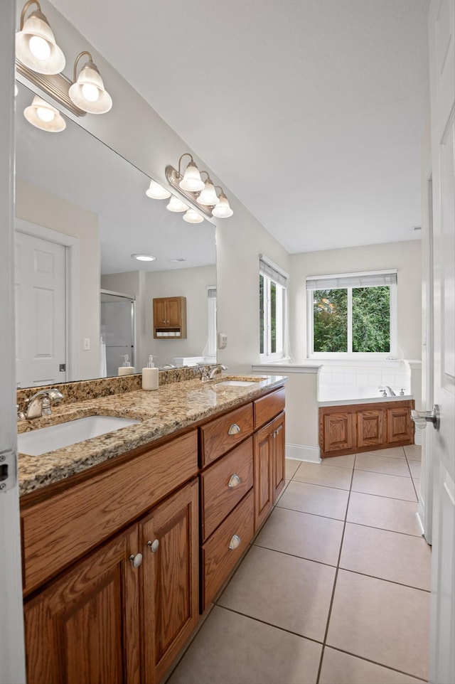 7470 Jester Ct, Ooltewah, TN 37363 - bathroom featuring double vanity, a stall shower, tile patterned flooring, and a bath