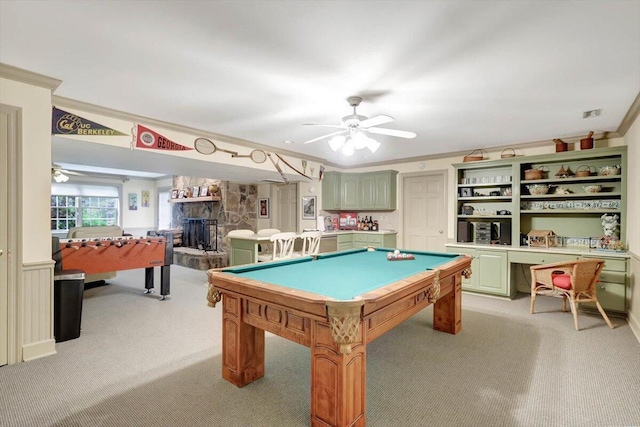 5 Woodland Way, Chattanooga, TN 37419 - game room with ornamental molding, a fireplace, a ceiling fan, light colored carpet, and billiards