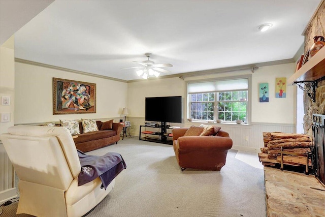 5 Woodland Way, Chattanooga, TN 37419 - living area featuring carpet, wainscoting, ceiling fan, crown molding, and a fireplace