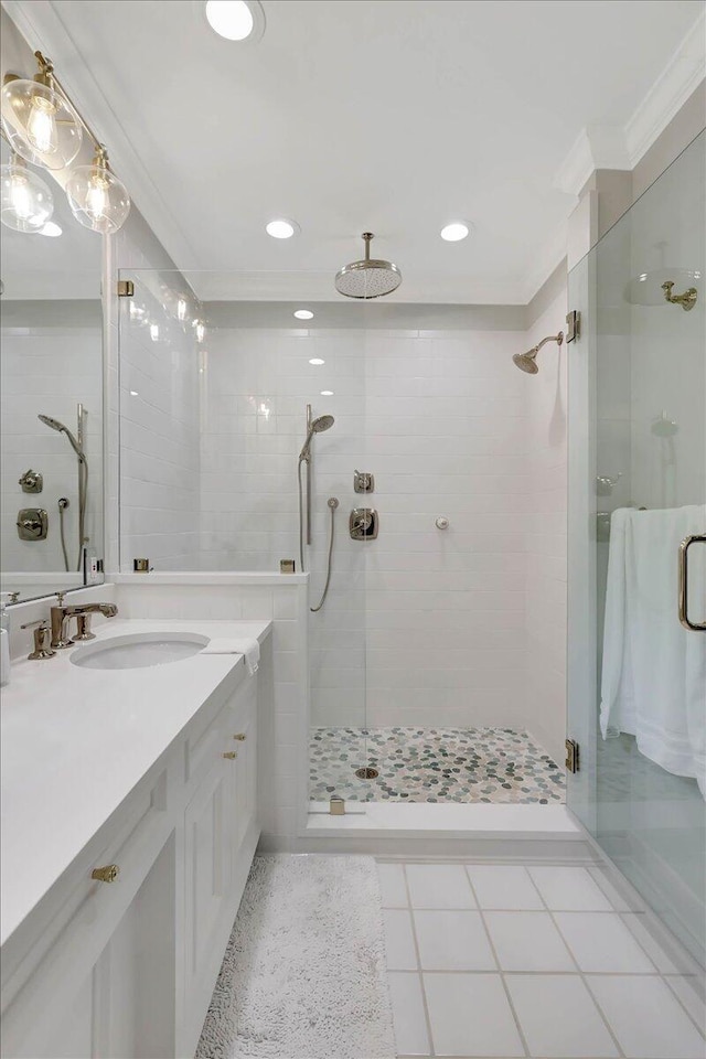 5 Woodland Way, Chattanooga, TN 37419 - bathroom featuring a stall shower, vanity, recessed lighting, and ornamental molding