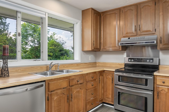 4412 Live Oak Ln, Chattanooga, TN 37411 - kitchen with stainless steel appliances, under cabinet range hood, brown cabinetry, and wooden counters