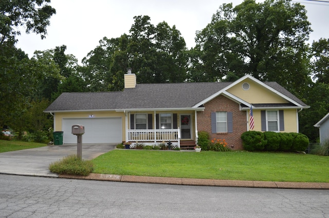 8211 Troubadour Way, Ooltewah, TN 37363 - ranch-style home featuring covered porch, a chimney, driveway, a front yard, and an attached garage