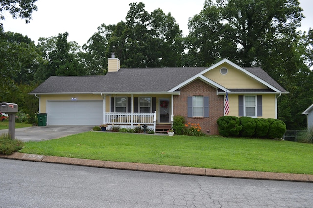 8211 Troubadour Way, Ooltewah, TN 37363 - ranch-style home with covered porch, a chimney, an attached garage, a front lawn, and driveway