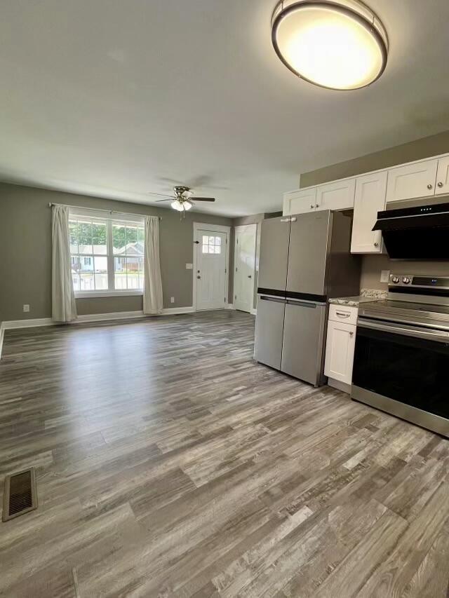 204 Roslyn Ct, Dalton, GA 30720 - kitchen with stainless steel appliances, light wood-type flooring, a ceiling fan, under cabinet range hood, and white cabinetry