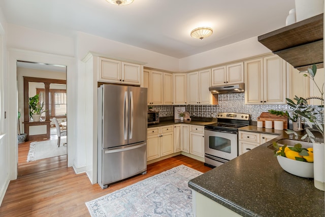 4503 Saint Elmo Ave, Chattanooga, TN 37409 - kitchen with appliances with stainless steel finishes, under cabinet range hood, cream cabinets, light wood-type flooring, and tasteful backsplash