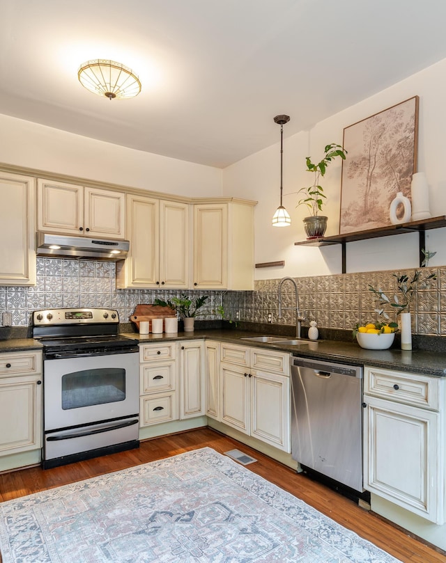 4503 Saint Elmo Ave, Chattanooga, TN 37409 - kitchen with appliances with stainless steel finishes, under cabinet range hood, cream cabinetry, dark countertops, and tasteful backsplash
