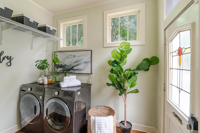 4503 Saint Elmo Ave, Chattanooga, TN 37409 - laundry room featuring separate washer and dryer, healthy amount of natural light, and crown molding