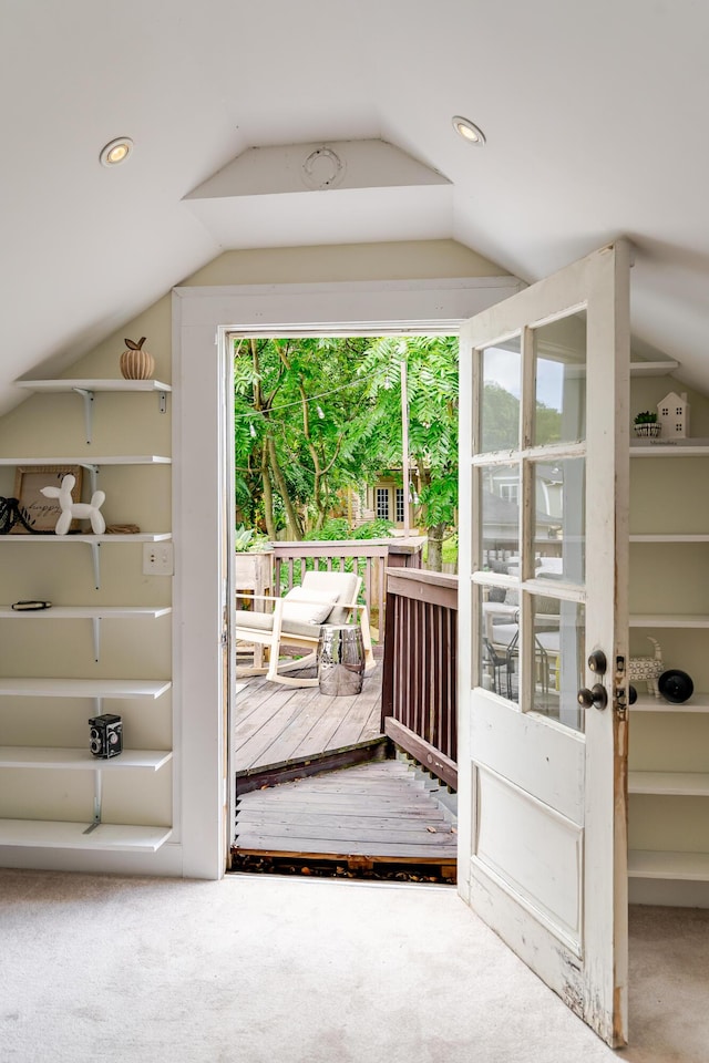 4503 Saint Elmo Ave, Chattanooga, TN 37409 - doorway to outside featuring vaulted ceiling, carpet, and recessed lighting