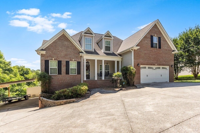 234 Holcomb Rd, Ringgold, GA 30736 - view of front facade featuring covered porch, brick siding, an attached garage, concrete driveway, and roof with shingles