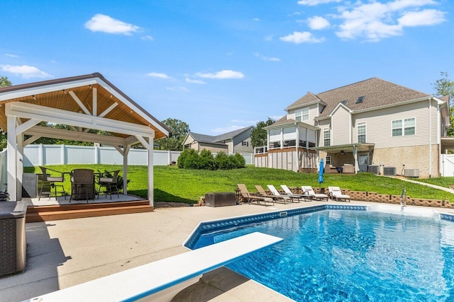 234 Holcomb Rd, Ringgold, GA 30736 - view of swimming pool with a gazebo, a diving board, a fenced backyard, a patio area, and outdoor dining area