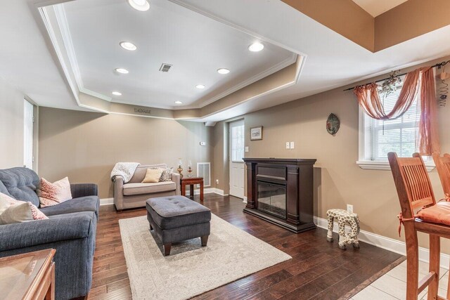 234 Holcomb Rd, Ringgold, GA 30736 - living room featuring a raised ceiling, ornamental molding, dark wood-type flooring, a glass covered fireplace, and recessed lighting