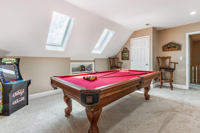 234 Holcomb Rd, Ringgold, GA 30736 - recreation room featuring a skylight, carpet floors, lofted ceiling, and pool table