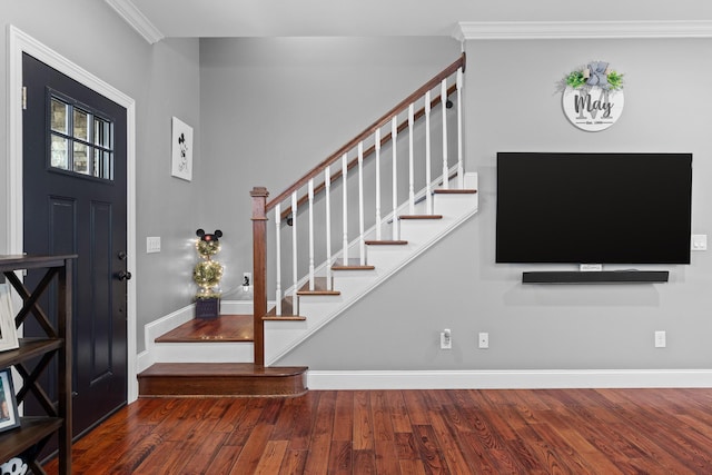 220 Charlene Pl, South Pittsburg, TN 37380 - entrance foyer with stairs, wood finished floors, and ornamental molding