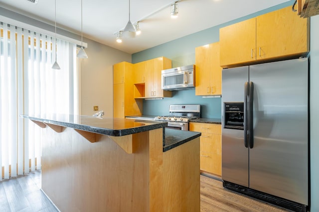 277 W 19th St, Chattanooga, TN 37408 - kitchen featuring stainless steel appliances, light wood finished floors, a breakfast bar, a center island, and hanging light fixtures