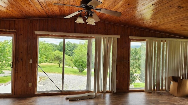 271 Anderson Rd, Palmer, TN 37365 - doorway to outside featuring wood ceiling, vaulted ceiling, wooden walls, wood finished floors, and a ceiling fan