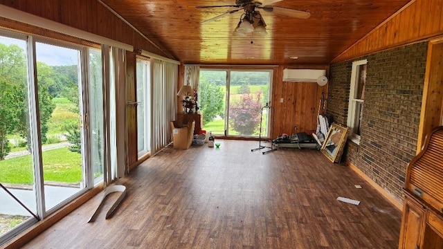 271 Anderson Rd, Palmer, TN 37365 - unfurnished sunroom with a ceiling fan, a wall unit AC, wooden ceiling, lofted ceiling, and wood finished floors