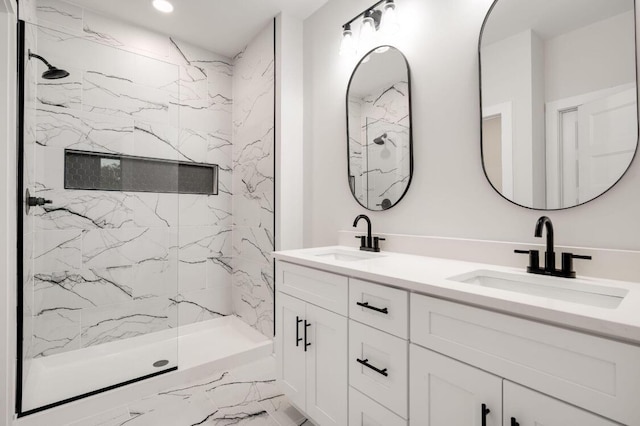 5303 Marion Ave, Chattanooga, TN 37412 - bathroom with marble finish floors, double vanity, a marble finish shower, and recessed lighting