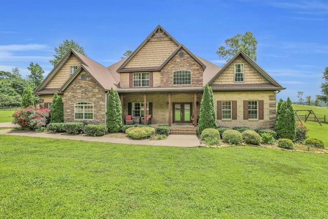 231 Turkey Run, Flintstone, GA 30725 - craftsman house with french doors, a front lawn, stone siding, and a porch