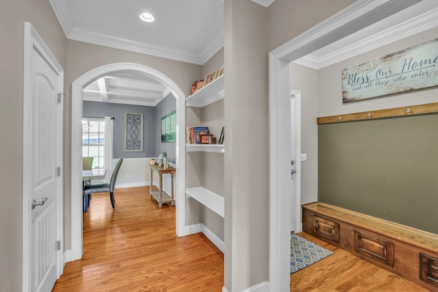 231 Turkey Run, Flintstone, GA 30725 - hallway featuring arched walkways, light wood-type flooring, ornamental molding, and recessed lighting