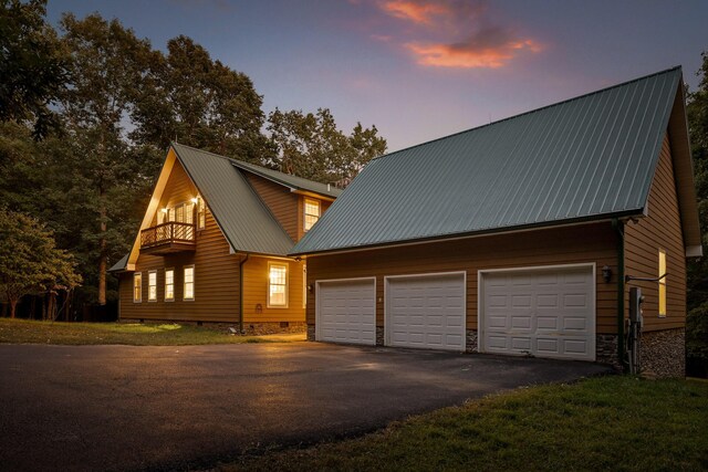 68 Bluff View Dr, Dunlap, TN 37327 - view of front of property with asphalt driveway, a metal roof, a balcony, and crawl space