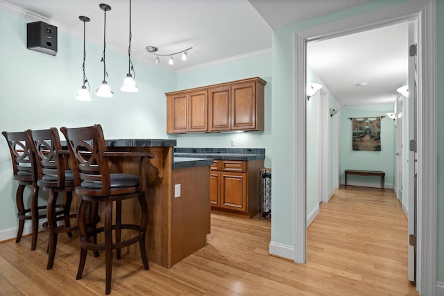 68 Bluff View Dr, Dunlap, TN 37327 - indoor bar with light wood-style floors, hanging light fixtures, rail lighting, and ornamental molding