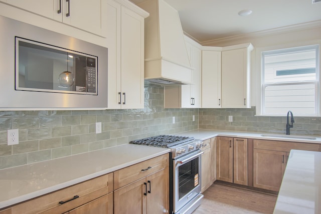 101 Lemonade St, Chattanooga, TN 37421 - kitchen with appliances with stainless steel finishes, premium range hood, light wood-type flooring, light countertops, and backsplash