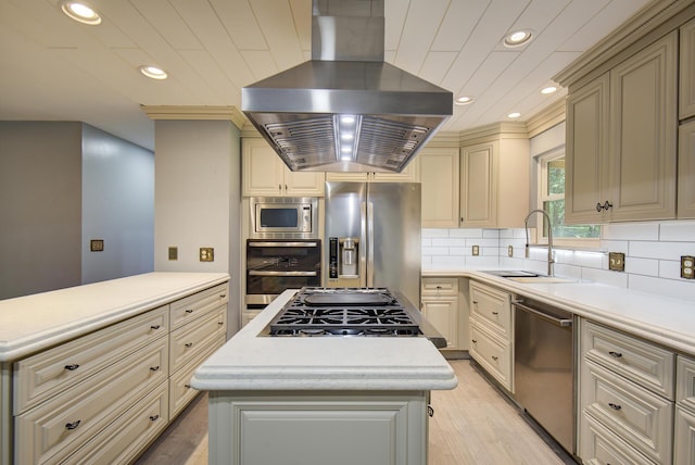 6632 Gamble Rd, Birchwood, TN 37308 - kitchen with range hood, appliances with stainless steel finishes, recessed lighting, light countertops, and cream cabinets