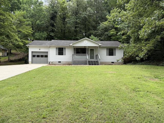9424 Fuller Rd, Chattanooga, TN 37421 - ranch-style house with crawl space, a porch, an attached garage, a front lawn, and concrete driveway