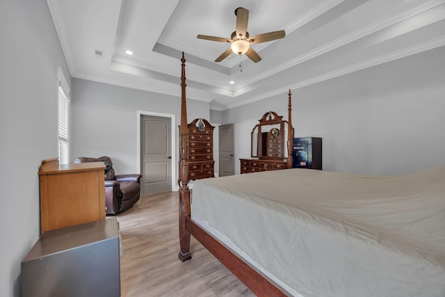 386 Twelve Oaks Dr, Rock Spring, GA 30739 - bedroom with light wood finished floors, a raised ceiling, recessed lighting, ornamental molding, and a ceiling fan