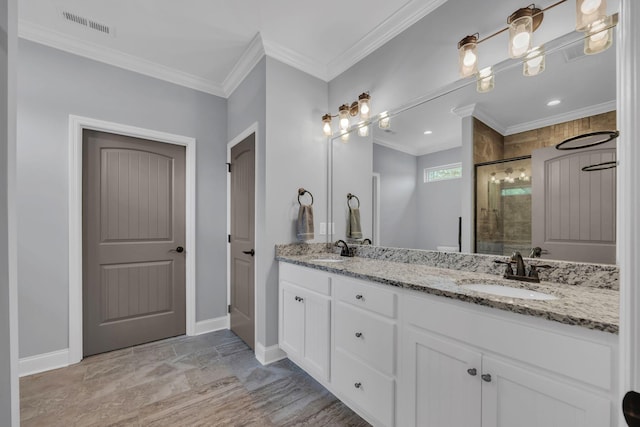 386 Twelve Oaks Dr, Rock Spring, GA 30739 - full bathroom featuring double vanity, a shower stall, and crown molding