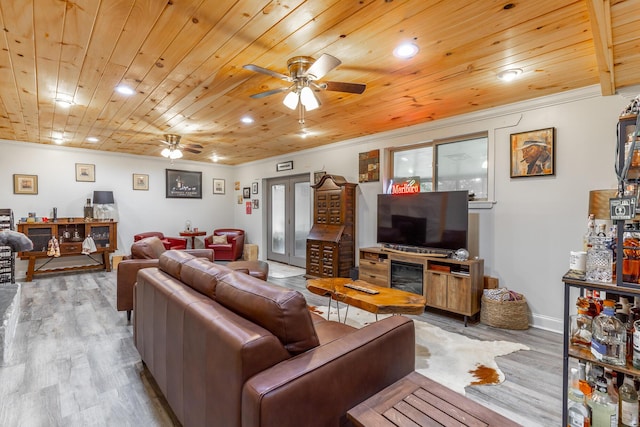 1027 Crestridge Dr, Rossville, GA 30741 - living area featuring a ceiling fan, wood finished floors, wood ceiling, crown molding, and recessed lighting