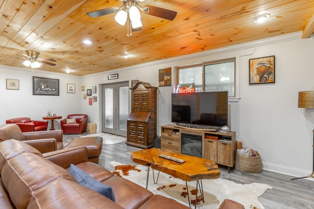 1027 Crestridge Dr, Rossville, GA 30741 - living room featuring a ceiling fan, wood finished floors, crown molding, and wooden ceiling