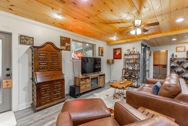 1027 Crestridge Dr, Rossville, GA 30741 - living room with wooden ceiling, ceiling fan, and light wood-style floors