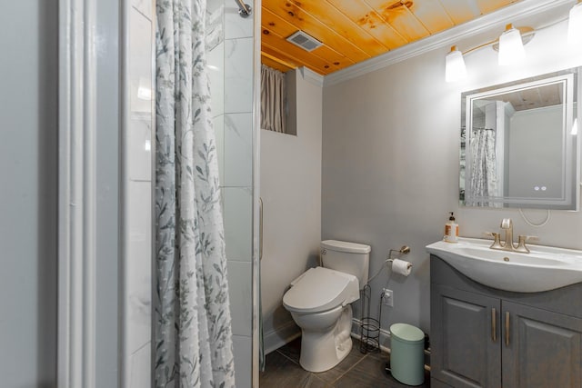 1027 Crestridge Dr, Rossville, GA 30741 - bathroom featuring vanity, ornamental molding, a shower with curtain, and wooden ceiling