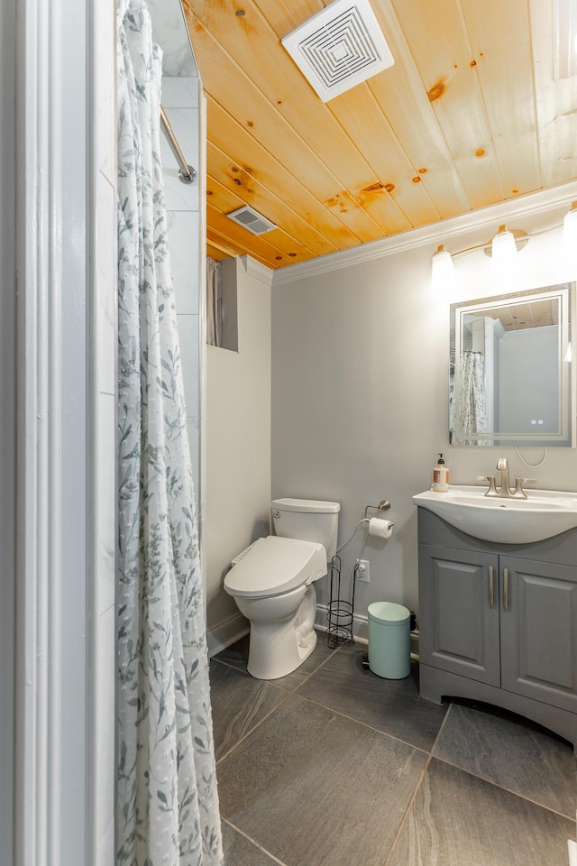 1027 Crestridge Dr, Rossville, GA 30741 - bathroom featuring wood ceiling, vanity, ornamental molding, and curtained shower