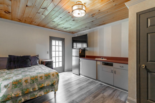 1027 Crestridge Dr, Rossville, GA 30741 - bedroom featuring freestanding refrigerator, crown molding, light wood-style flooring, and wooden ceiling