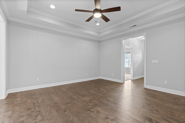 3480 Travertine Ln, Chattanooga, TN 37405 - empty room with a tray ceiling, dark wood-type flooring, ceiling fan, and crown molding