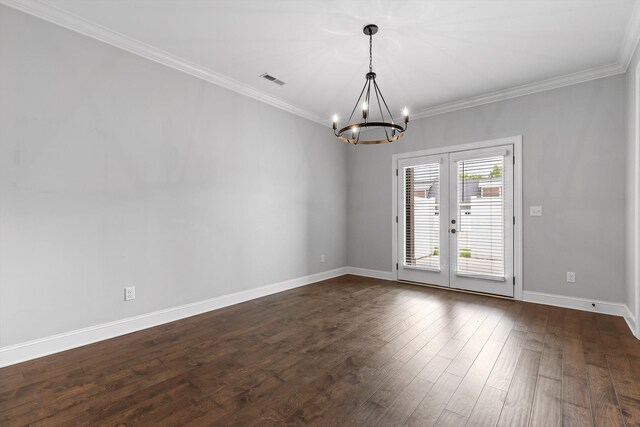3480 Travertine Ln, Chattanooga, TN 37405 - unfurnished room featuring a chandelier, french doors, dark wood-type flooring, and crown molding