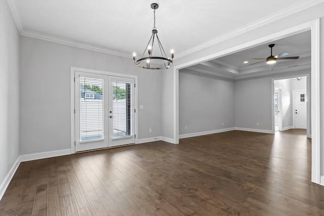 3480 Travertine Ln, Chattanooga, TN 37405 - unfurnished room with french doors, dark wood-type flooring, a chandelier, crown molding, and ceiling fan