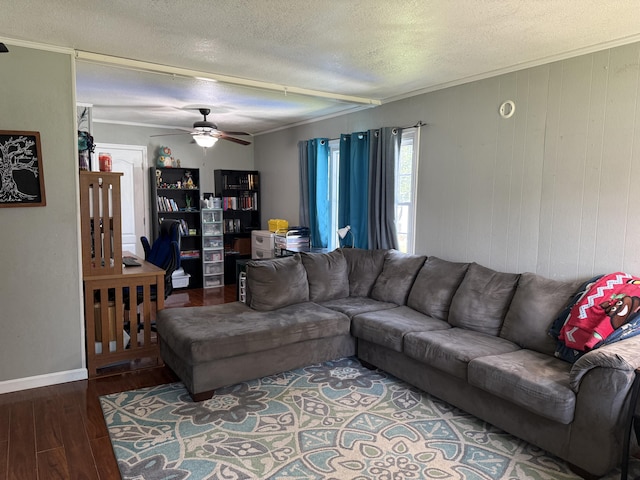 78 Mcdonough St, Dunlap, TN 37327 - living room featuring wood finished floors, a textured ceiling, a ceiling fan, and ornamental molding