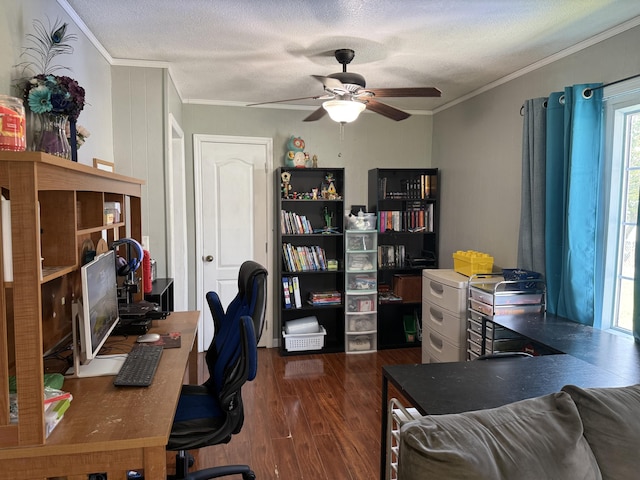 78 Mcdonough St, Dunlap, TN 37327 - office featuring dark wood-style flooring, a ceiling fan, ornamental molding, and a textured ceiling