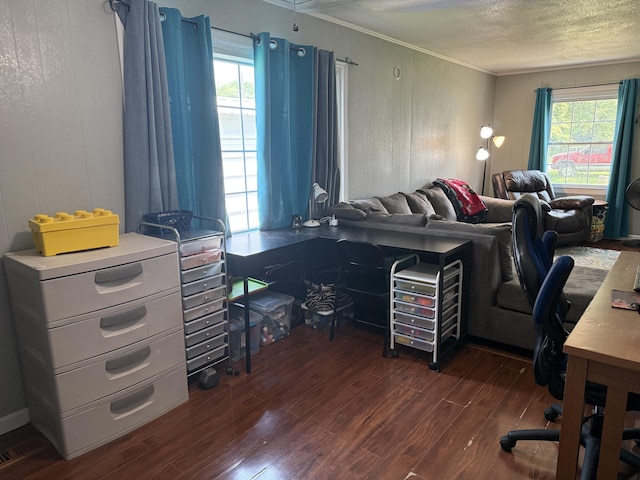 78 Mcdonough St, Dunlap, TN 37327 - office with dark wood-style floors, crown molding, and a textured ceiling