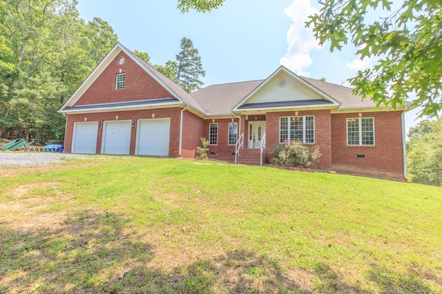 1103 Monroe Green Rd, Trion, GA 30753 - view of front facade with brick siding, a garage, a front lawn, and driveway